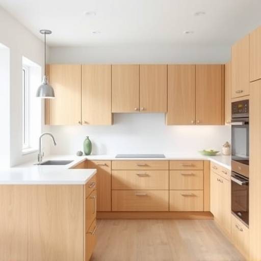 A bright and airy minimalist kitchen with pale oak cabinets and a white countertop, bathed in natural light.