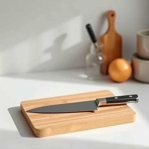 A curated selection of minimalist kitchen tools, including a chef's knife, cutting board, and mixing bowl