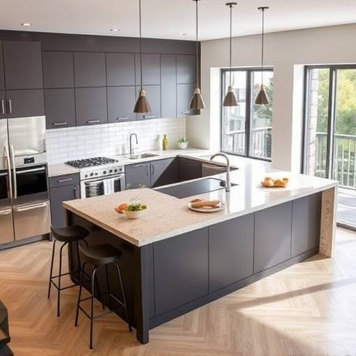 A kitchen island designed with varied countertop heights for different users.