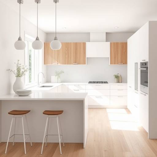 A minimalist kitchen design featuring white cabinets and pale oak accents.
