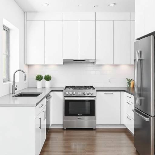 A minimalist kitchen featuring white cabinets, charcoal accents, and stainless steel appliances.