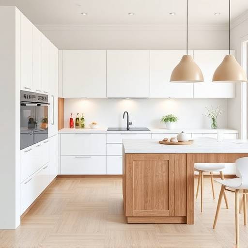 A modern minimalist kitchen with white cabinets and pale oak accents designed by Essentia Kitchens