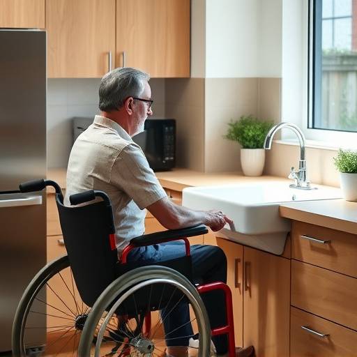 A person in a wheelchair easily accessing a kitchen sink with knee space.