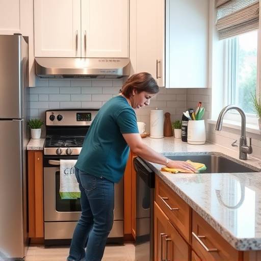 A person performing a quick and efficient kitchen cleanup routine, wiping down countertops and organizing items