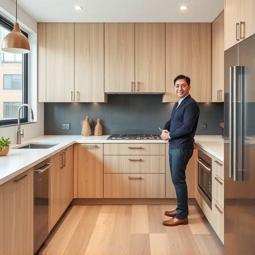 A professional shot of Kenji Tanaka, Project Manager, standing in a modern kitchen with pale oak cabinets.