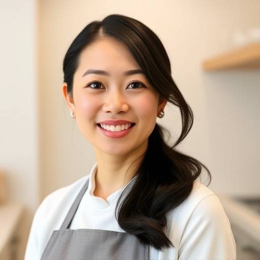 A serene portrait of Hana Ishikawa, Lead Designer at Essentia Kitchens, smiling gently.