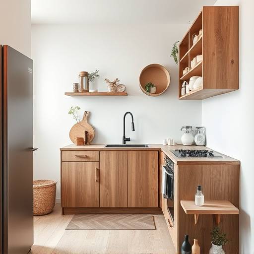 A small, well-organized minimalist kitchen with a focus on natural materials like wood and stone.