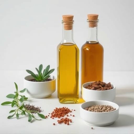 A visually appealing arrangement of essential ingredients, such as olive oil, herbs, and spices, in minimalist containers