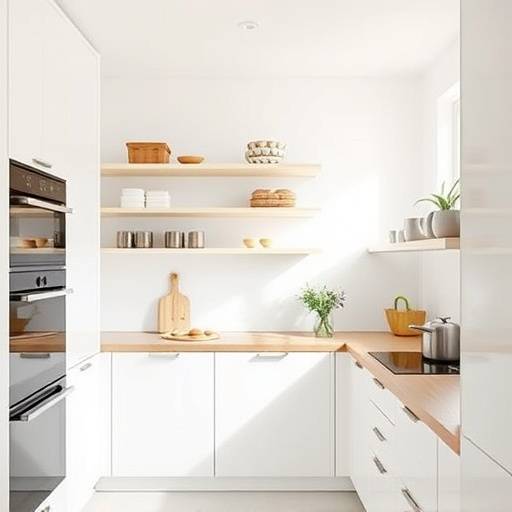 A well-lit minimalist kitchen with focus on accessibility features like pull-down shelving and accessible countertops.