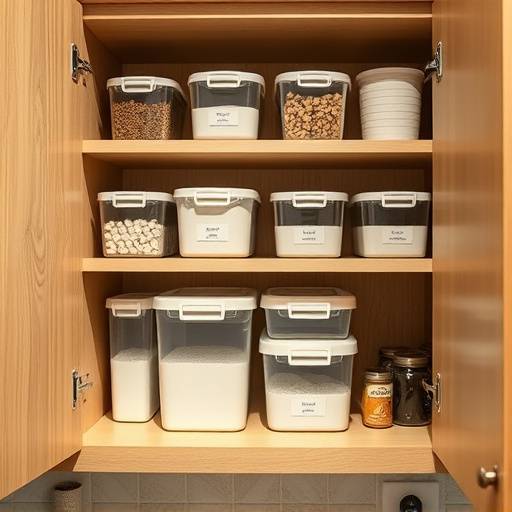 A well-organized kitchen cabinet with minimalist storage containers and neatly arranged items