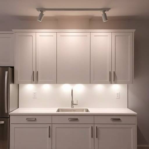 Adjustable height kitchen cabinets being demonstrated.