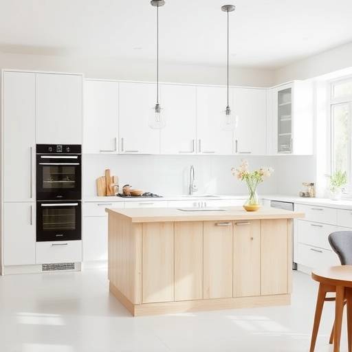 After: Bright, minimalist kitchen with white cabinets and pale oak island