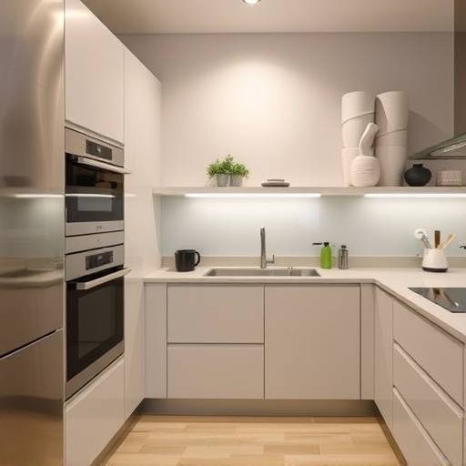 After: Modern kitchen with integrated appliances and minimalist shelving