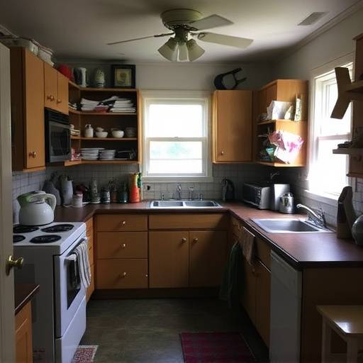 Before: Cluttered kitchen with dark cabinets and inefficient layout