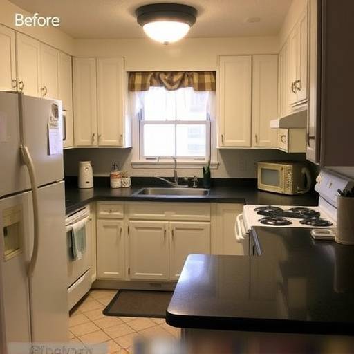 Before: Outdated kitchen with bulky appliances and dark countertops