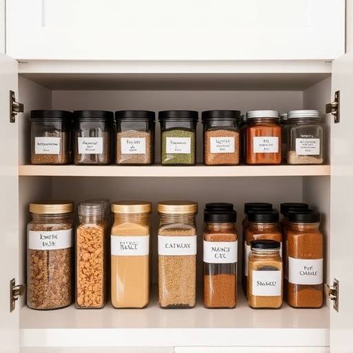 Close-up of minimalist kitchen storage with labeled containers and organized spices.